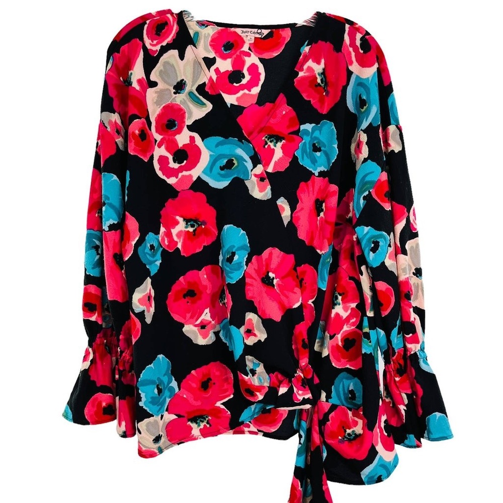 Juicy Couture black blue pink floral top summer  tropical colorful size large - Picture 2 of 10